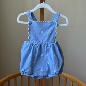 Janie and Jack blue romper with white embroidered flowers, size 12-18months